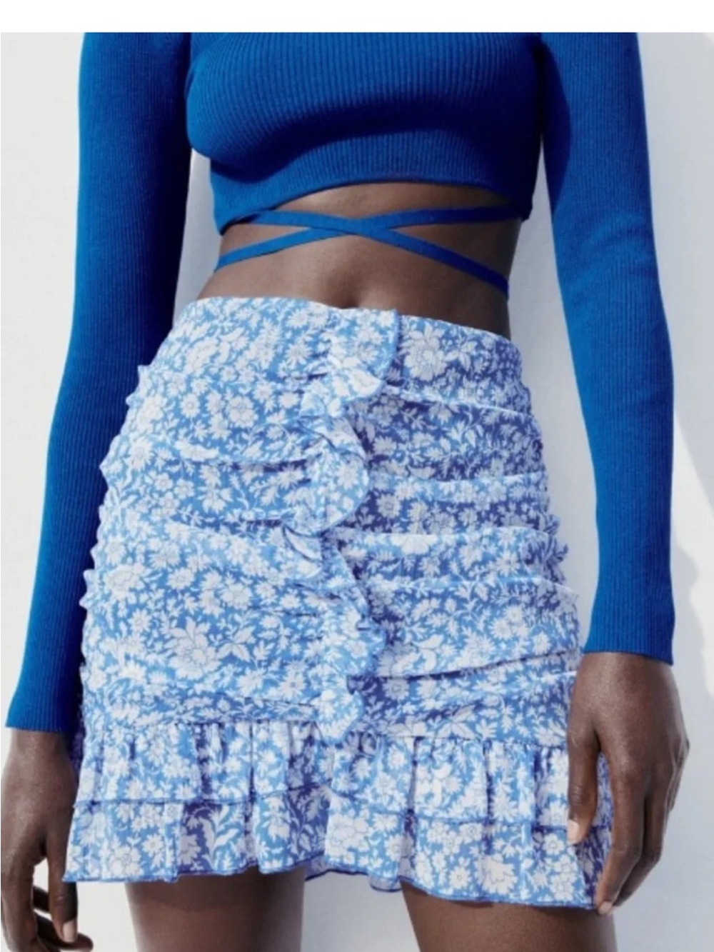 Zara Blue Floral Ruffle Mini Skirt